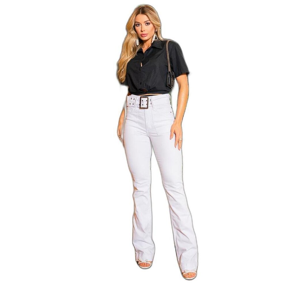 CALÇA SARJA FLARE BOOT CUT FEMININA CINTURA ALTA COM CINTO