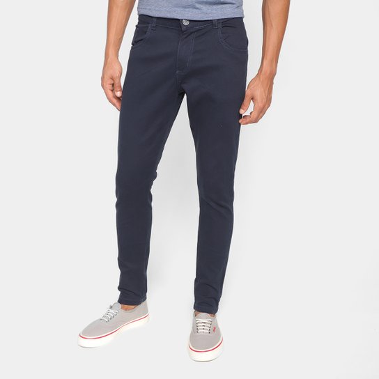 Calça Sarja Skinny Grifle Casual Masculina - Marinho Menor preço em Calça Sarja Skinny Grifle Casual Masculina - Marinho