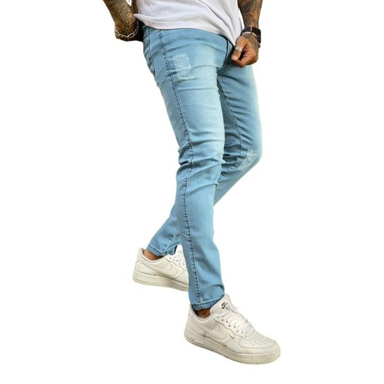 Calça Super Skinny Premium Délavé Puídos Azul Claro - Jeans Menor preço em Calça Super Skinny Premium Délavé Puídos Azul Claro - Jeans