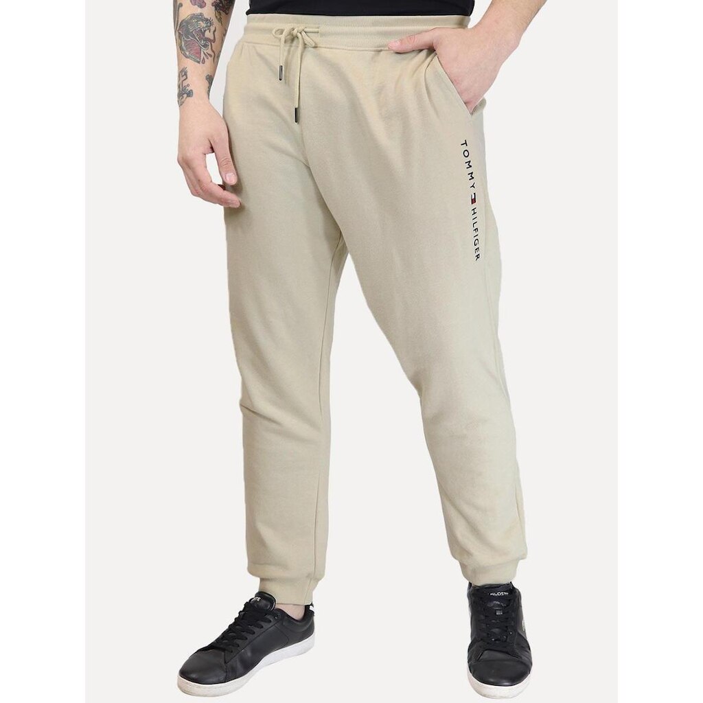 Calça Tommy Hilfiger Masculina Moletom Track Drawstring Vertical Logo Creme