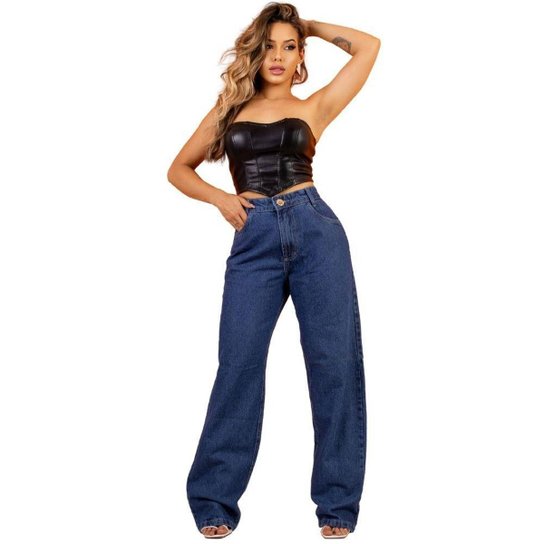Calca Wide Leg Pantalona Feminina Jeans Linha Premium Lisa com Bolso Cos Alto Estilosa - Jeans Menor preço em Calca Wide Leg Pantalona Feminina Jeans Linha Premium Lisa com Bolso Cos Alto Estilosa - Jeans