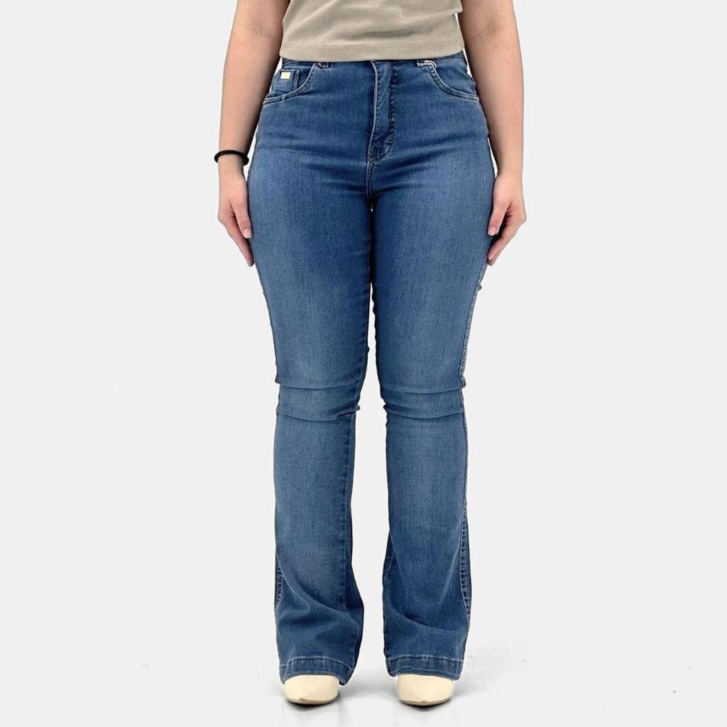 Calça Young Style Jeans Petit Flare Barriga Chapada Feminina