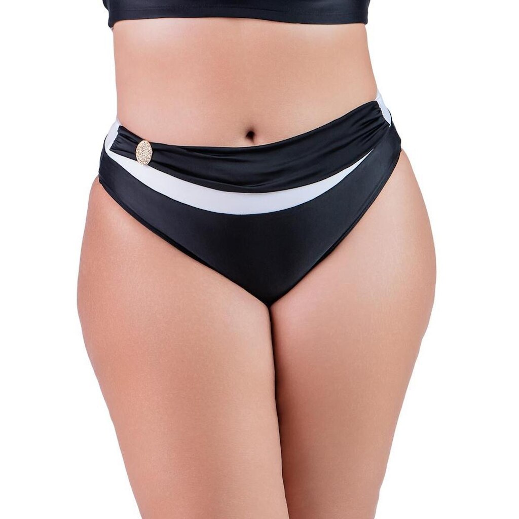 Calcinha de Biquíni Plus Size Preta e Branca Cintura Baixa Com Faixa e Fivela