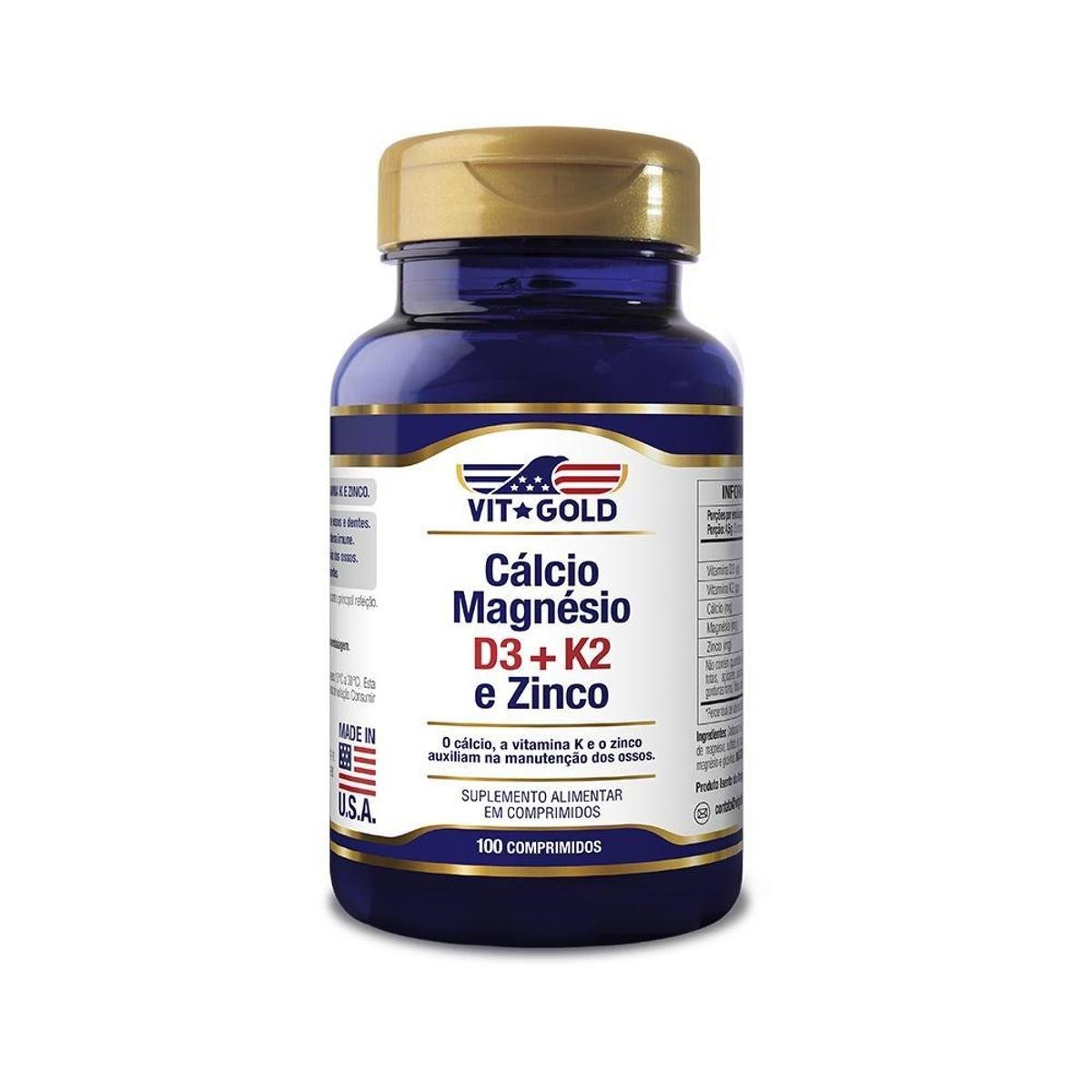 Cálcio Magnésio Zinco + Vitamina D3 e K2 Vitgold 100 Compr. Menor preço em Cálcio Magnésio Zinco + Vitamina D3 e K2 Vitgold 100 Compr.