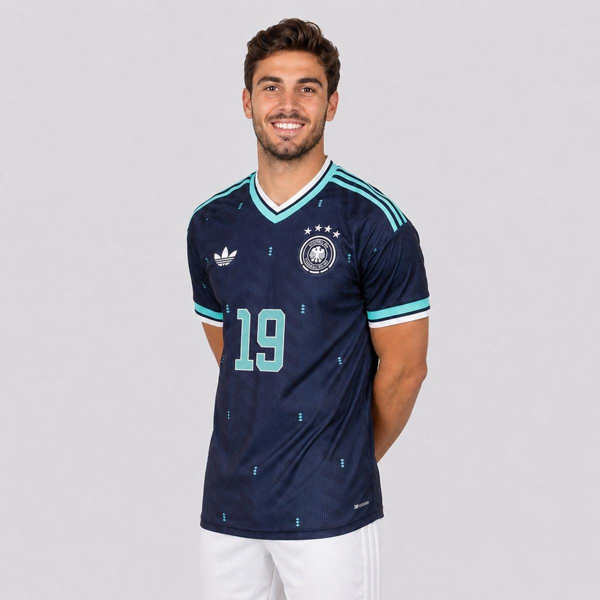 Camisa Adidas Alemanha Away 2026 SANÉ 19 - Azul Turquesa+Marinho