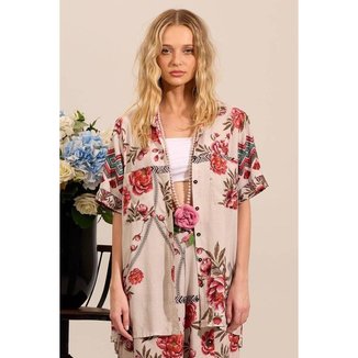 Camisa Ampla De Mangas Curtas Bege Estampado Yacamim A9