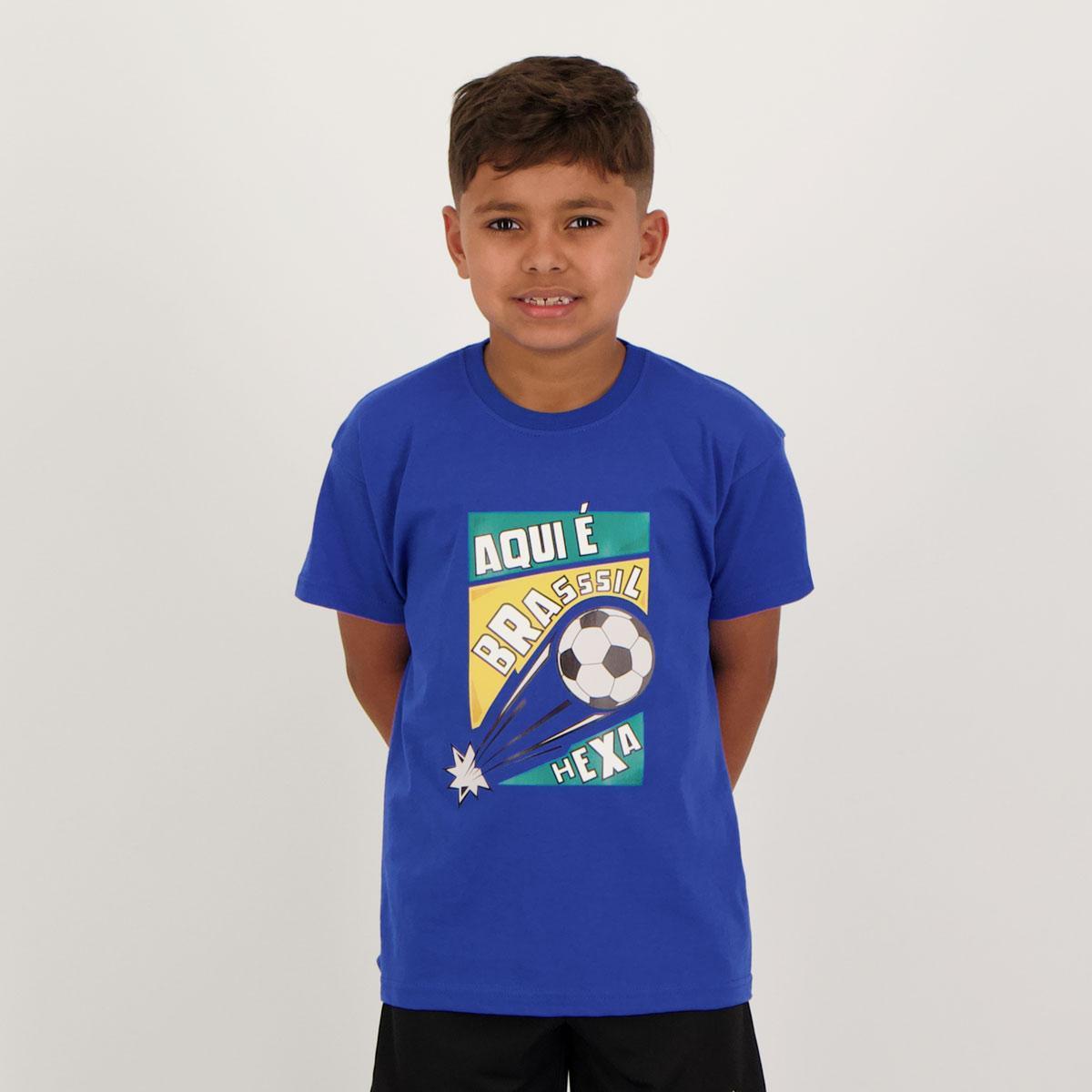 Camisa Aqui é Brasil Infantil Azul Menor preço em Camisa Aqui é Brasil Infantil Azul