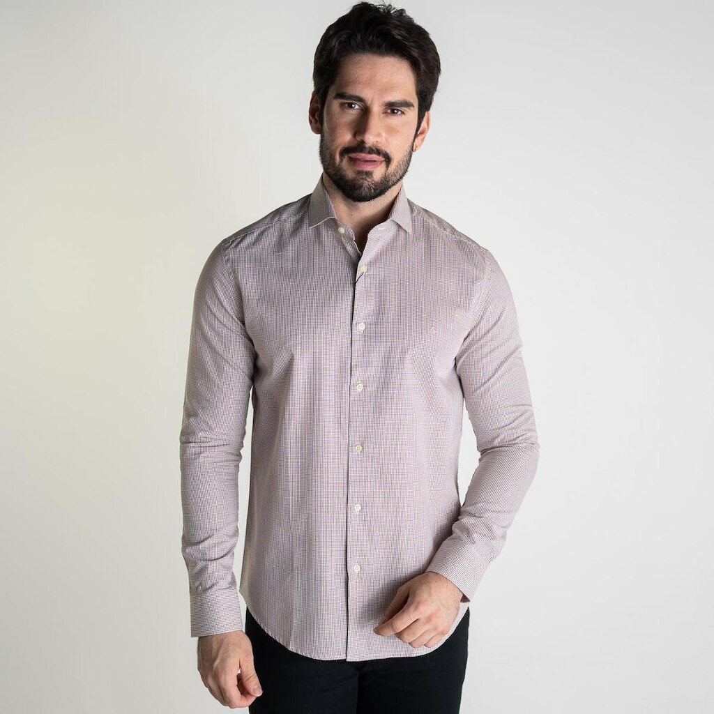 Camisa Aramis Branca Micro Xadrez Marrom