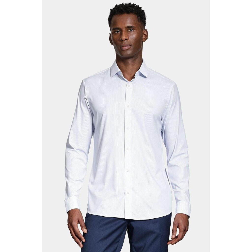 Camisa Aramis Manga Longa Poliamida Tech Flex Listrada Azul e Branca