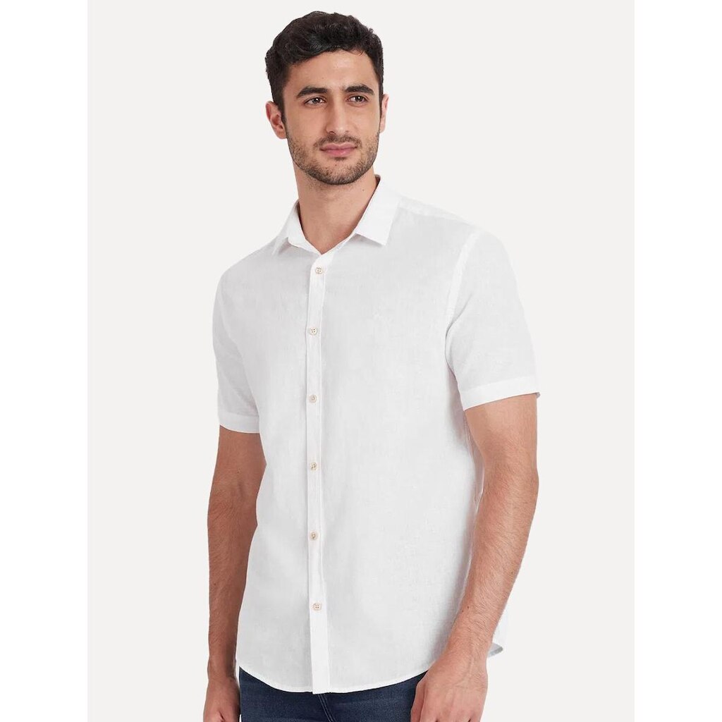 Camisa Aramis Masculina Manga Curta Slim Linho Algodão Branca