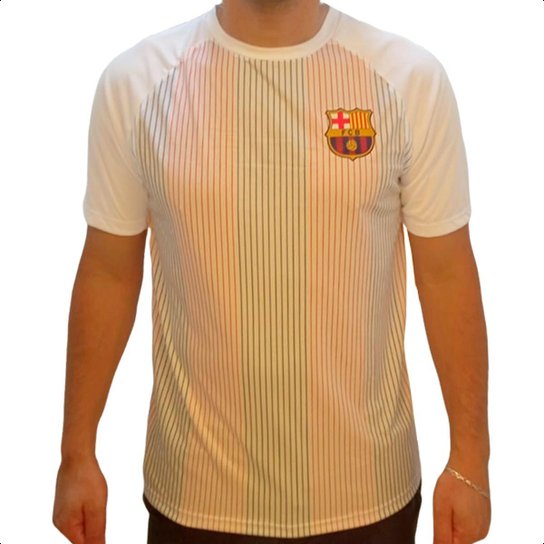 Camisa Balboa Barcelona Blaugrana Listrada Masculina - Branco+Azul Menor preço em Camisa Balboa Barcelona Blaugrana Listrada Masculina - Branco+Azul