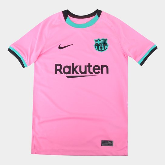 Camisa Barcelona Juvenil Third 20/21 s/n° Torcedor Nike - Rosa+Preto Menor preço em Camisa Barcelona Juvenil Third 20/21 s/n° Torcedor Nike - Rosa+Preto