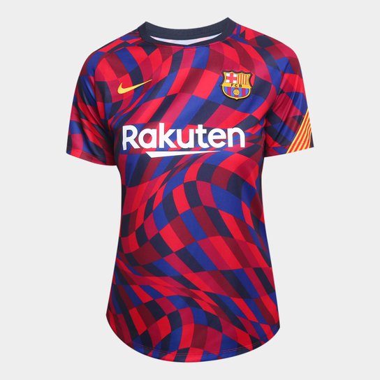 Camisa Barcelona Pré-Jogo 20/21 Nike Feminina - Vermelho+Amarelo Menor preço em Camisa Barcelona Pré-Jogo 20/21 Nike Feminina - Vermelho+Amarelo