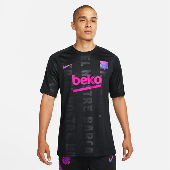 Camisa Barcelona Pré Jogo 21/22 Nike Champions League Masculina - Preto+Rosa Menor preço em Camisa Barcelona Pré Jogo 21/22 Nike Champions League Masculina - Preto+Rosa