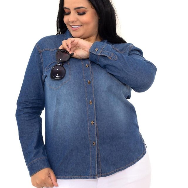 Camisa Básica Blusa Feminina Plus Size Manga Longa