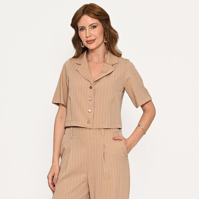 Camisa Bisô Risca de Giz Bege