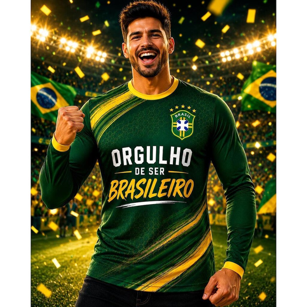 Camisa Brasil Manga Longa Poliester Masculina Proteção UV Estampa Sublimada Torcedor Copa