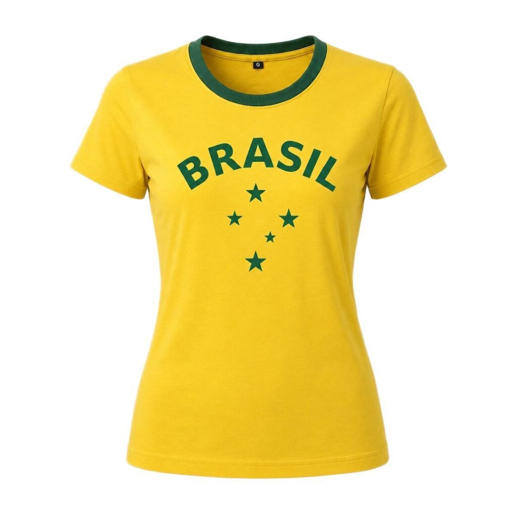 Camisa Brasil Retro Estrelas Algodão Amarelo - Feminino