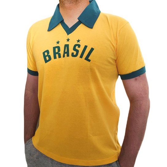 Camisa Brasil Retro Estrelas - Masculino - Amarelo Menor preço em Camisa Brasil Retro Estrelas - Masculino - Amarelo