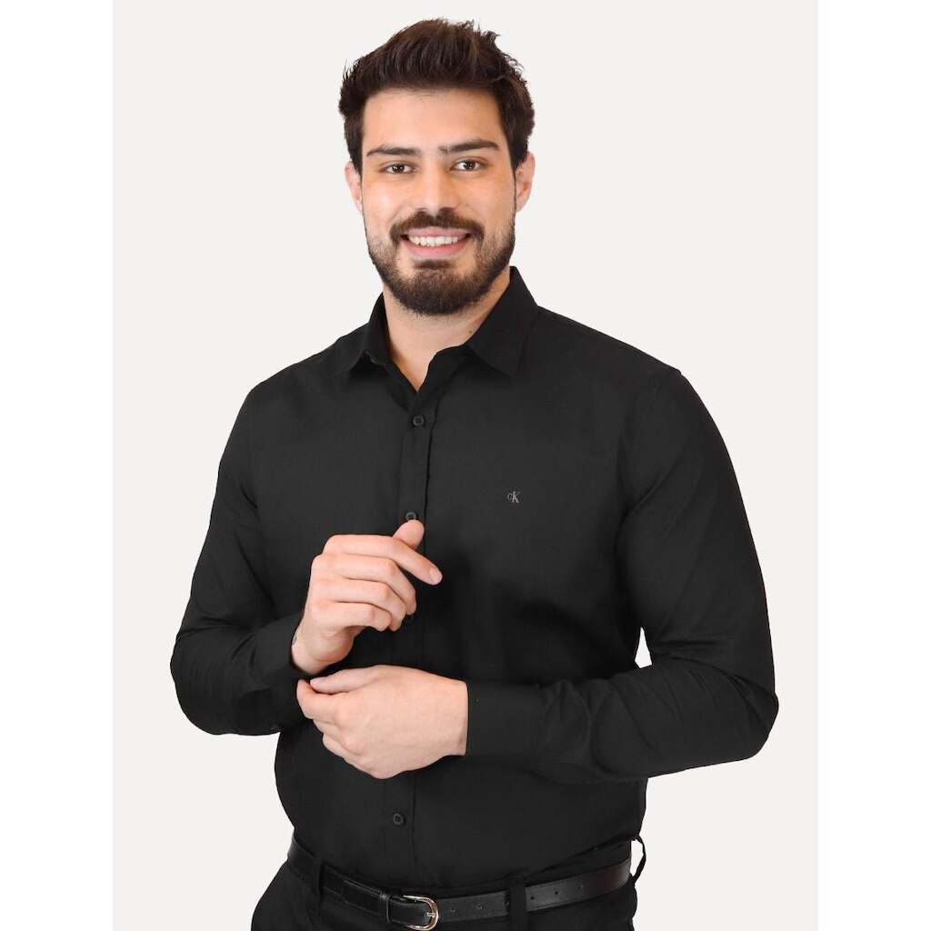 Camisa Calvin Klein Jeans Masculina Regular Plain Grey CK Logo Preta