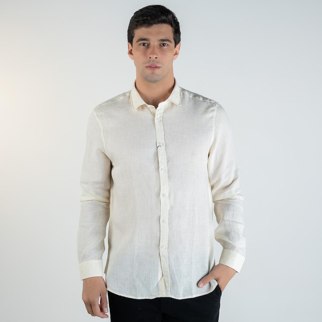 Camisa Calvin Klein Regular Linho Amarelo Claro