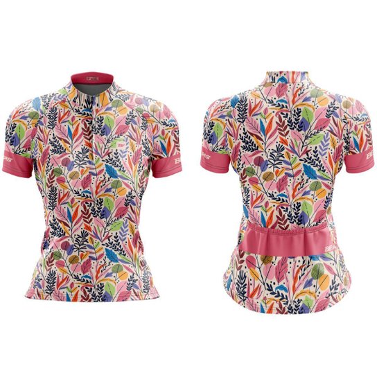 camisa ciclismo feminino manga longa Folhas Dry Fit UV 50+ Com Bolsos - Rosa Menor preço em camisa ciclismo feminino manga longa Folhas Dry Fit UV 50+ Com Bolsos - Rosa