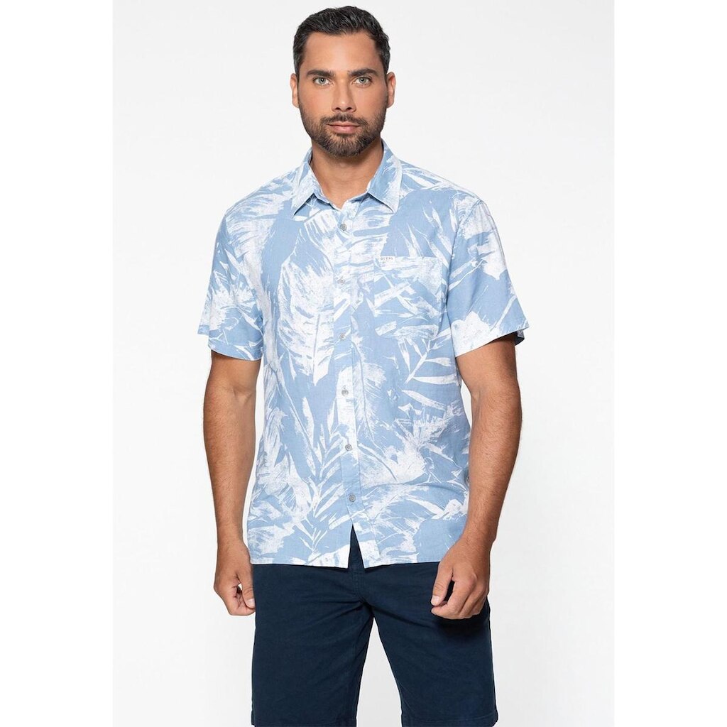 Camisa de Linho Eco Estampa Abstrata Azul Claro