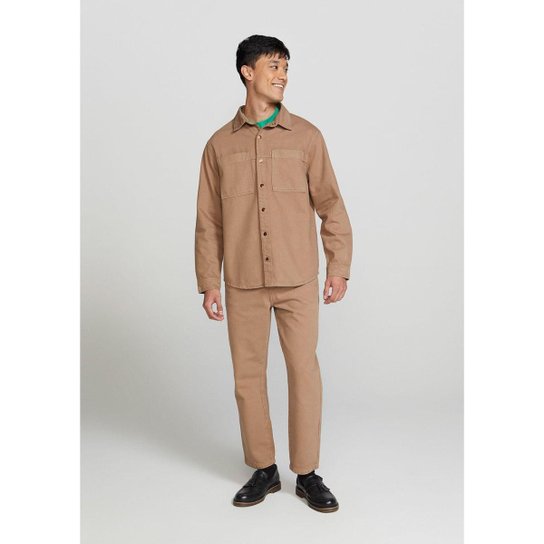 Camisa Em Sarja Manga Longa Masculina - Marrom Claro Menor preço em Camisa Em Sarja Manga Longa Masculina - Marrom Claro