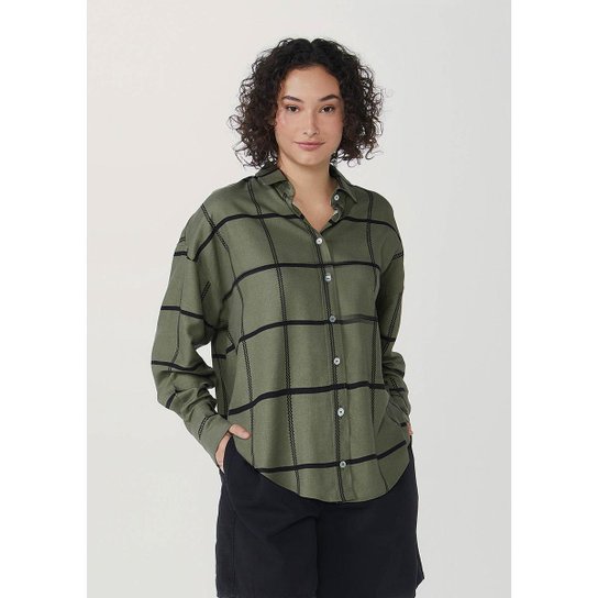 Camisa Feminina Manga Longa Em Fio Tinto - HF1G1CSI1 - Verde Menor preço em Camisa Feminina Manga Longa Em Fio Tinto - HF1G1CSI1 - Verde