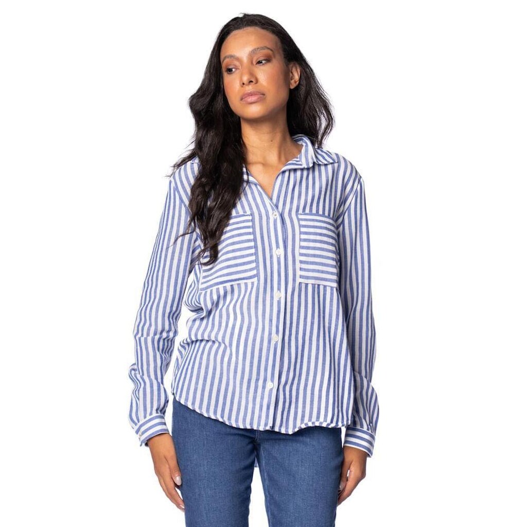 Camisa Feminina Max Denim Listrada Manga Longa Branco/Azul