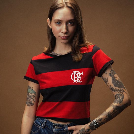 Camisa Flamengo Retrô Baby Look Cropped Feminina - Preto+Vermelho Menor preço em Camisa Flamengo Retrô Baby Look Cropped Feminina - Preto+Vermelho