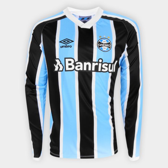 Camisa Grêmio I 21/22 s/nº Torcedor Umbro Manga Longa Masculina - Azul+Branco Menor preço em Camisa Grêmio I 21/22 s/nº Torcedor Umbro Manga Longa Masculina - Azul+Branco