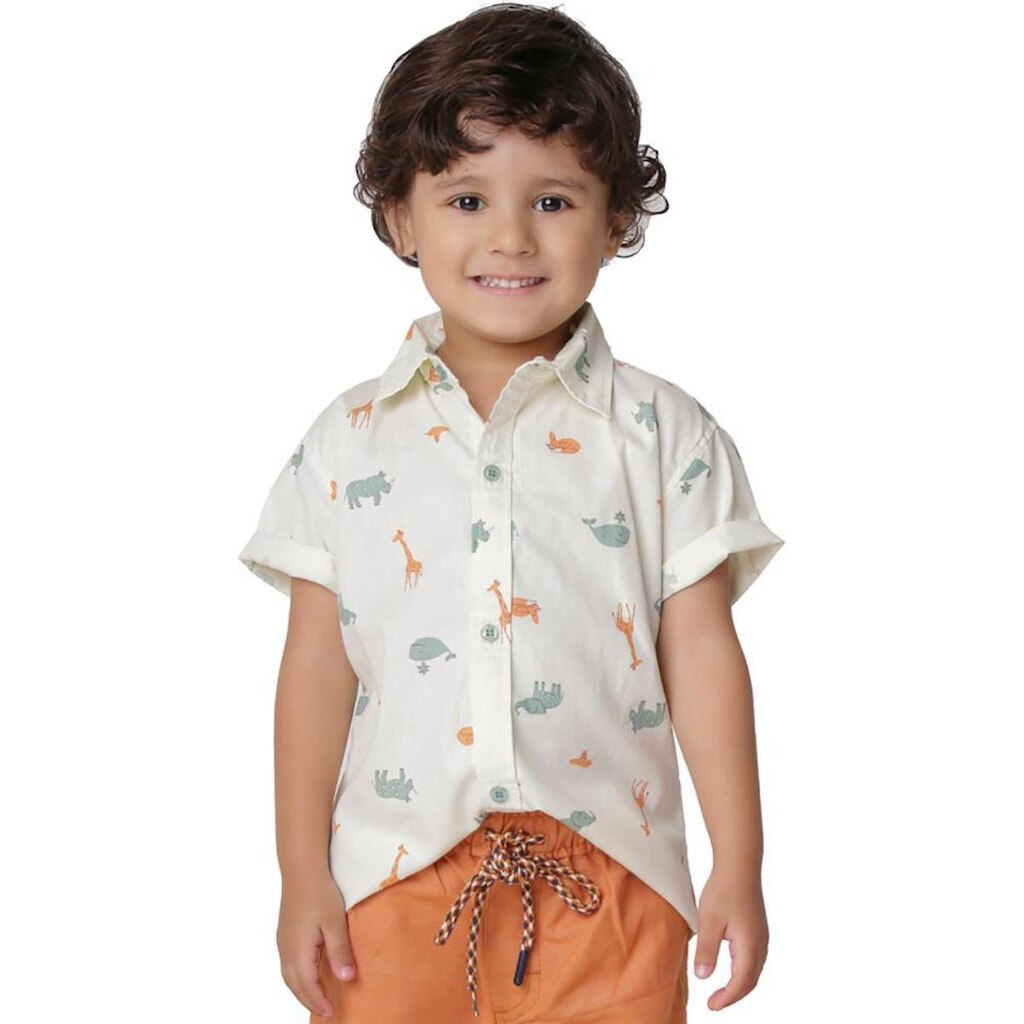 Camisa Infantil Look Jeans Estampada Bege - 01 - UNICA