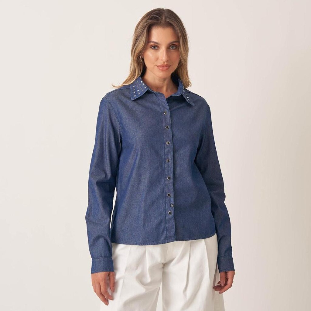 Camisa Jeans Ampla com Taxas na Gola