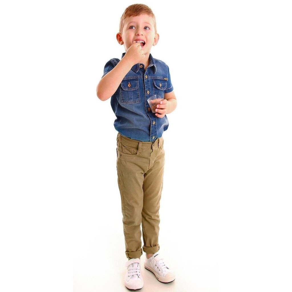 Camisa Jeans Infantil Manga Curta com Bolso