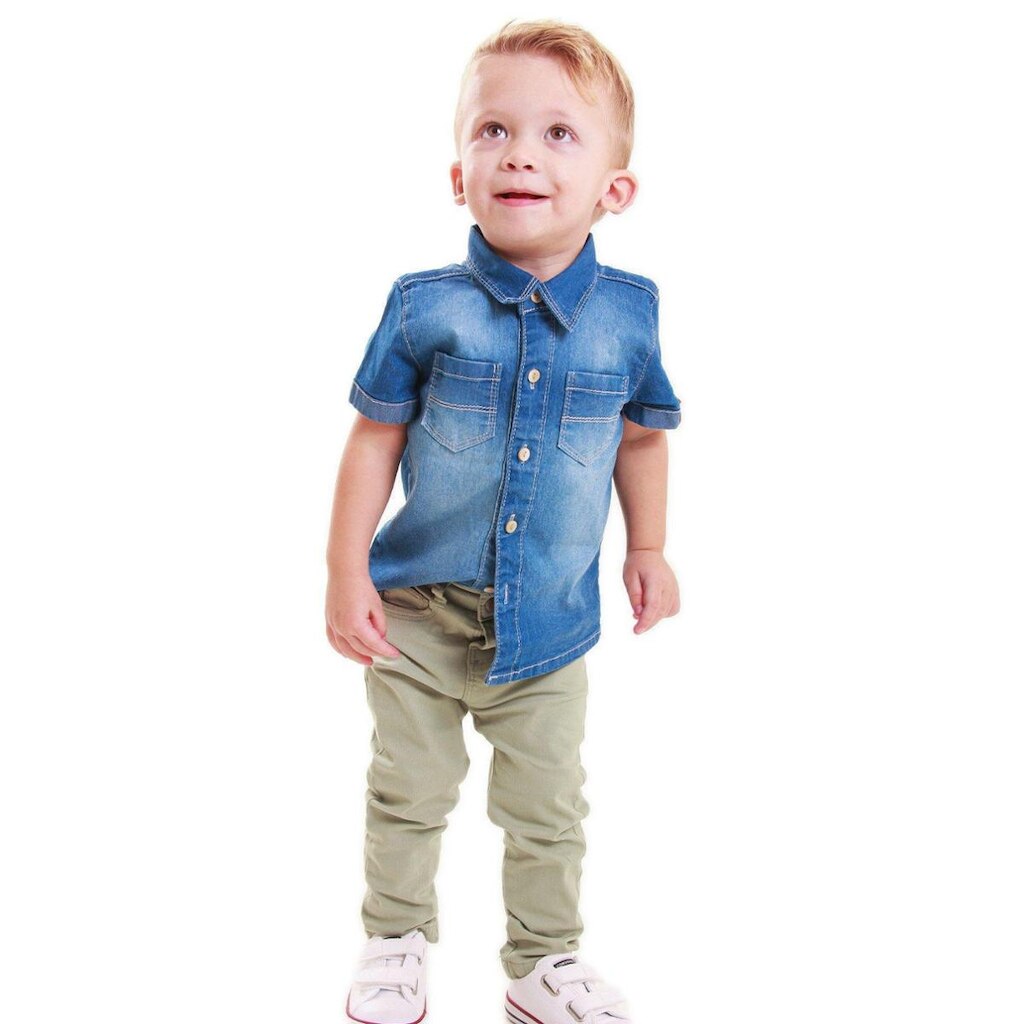 Camisa Jeans Infantil Tradicional Manga Curta