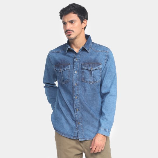 Camisa Jeans Manga Longa Hering Masculina - Azul Menor preço em Camisa Jeans Manga Longa Hering Masculina - Azul