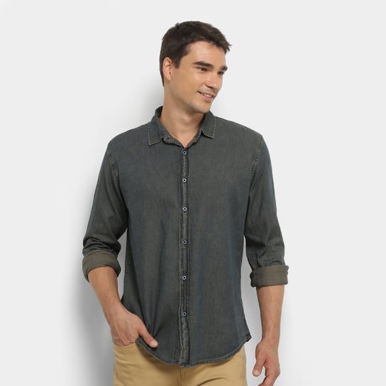 Camisa Jeans Manga Longa Watkins & Krown Masculina - Azul Escuro Menor preço em Camisa Jeans Manga Longa Watkins & Krown Masculina - Azul Escuro