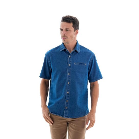 Camisa Jeans Masculina M/C Slim Bolso Embutido - Azul Menor preço em Camisa Jeans Masculina M/C Slim Bolso Embutido - Azul