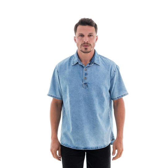 Camisa Jeans Masculina M/C Slim Gola Polo - Azul Claro Menor preço em Camisa Jeans Masculina M/C Slim Gola Polo - Azul Claro