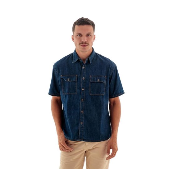 Camisa Jeans Masculina M/C Slim Italiana - Azul Menor preço em Camisa Jeans Masculina M/C Slim Italiana - Azul