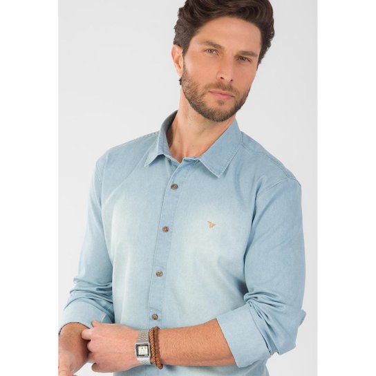 CAMISA JEANS TRAYMON SLIM MANGA LONGA - AZUL CLARO - P - Azul Claro Menor preço em CAMISA JEANS TRAYMON SLIM MANGA LONGA - AZUL CLARO - P - Azul Claro