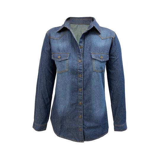 Camisa Jeans Used Miss Joy Manga Longa Feminina - Marinho Menor preço em Camisa Jeans Used Miss Joy Manga Longa Feminina - Marinho