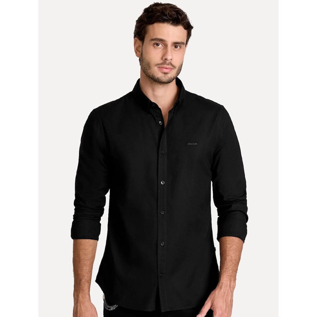 Camisa John John Masculina Slim Oxford Dark Logo Preta
