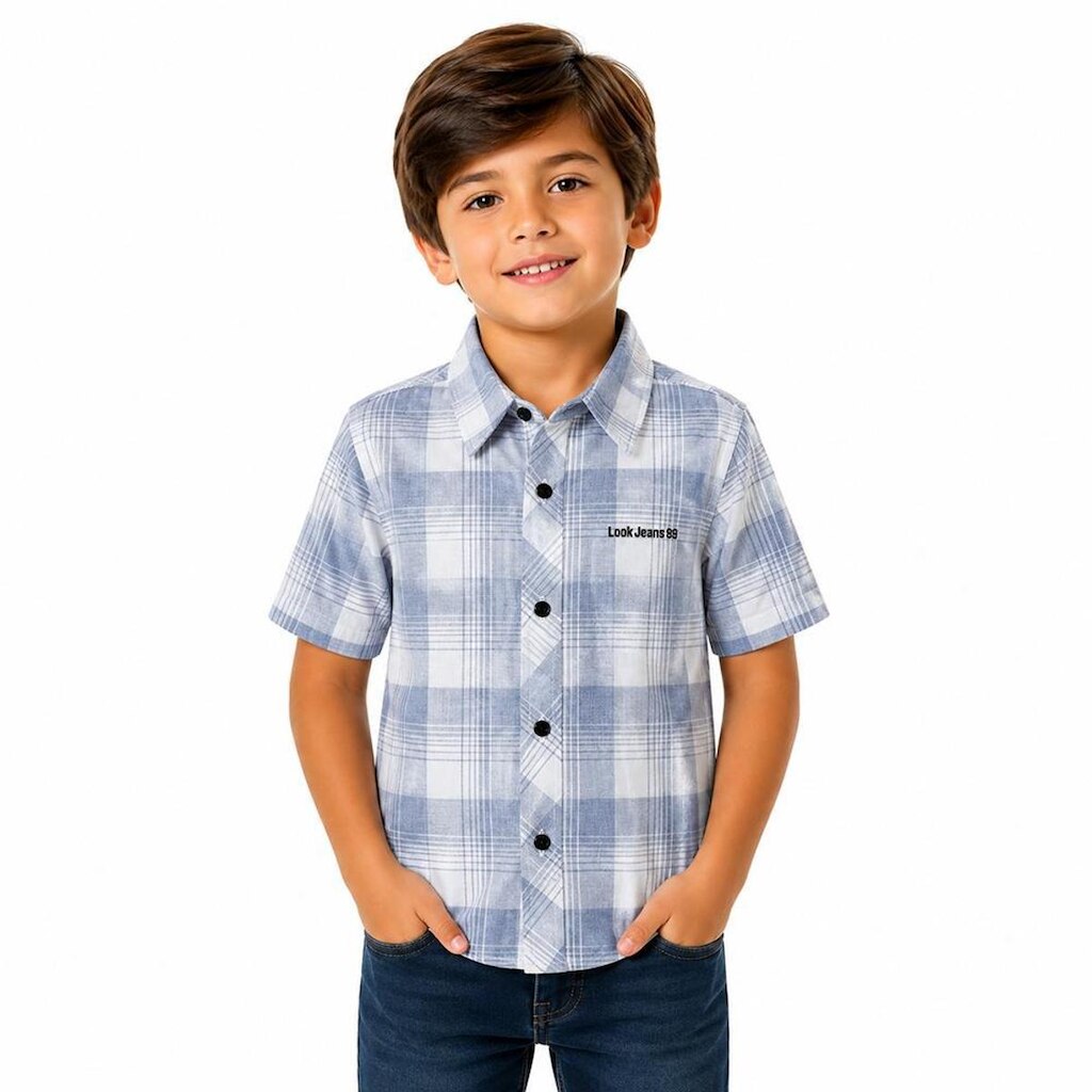 Camisa Juvenil Look Jeans Manga Curta Xadrez Azul
