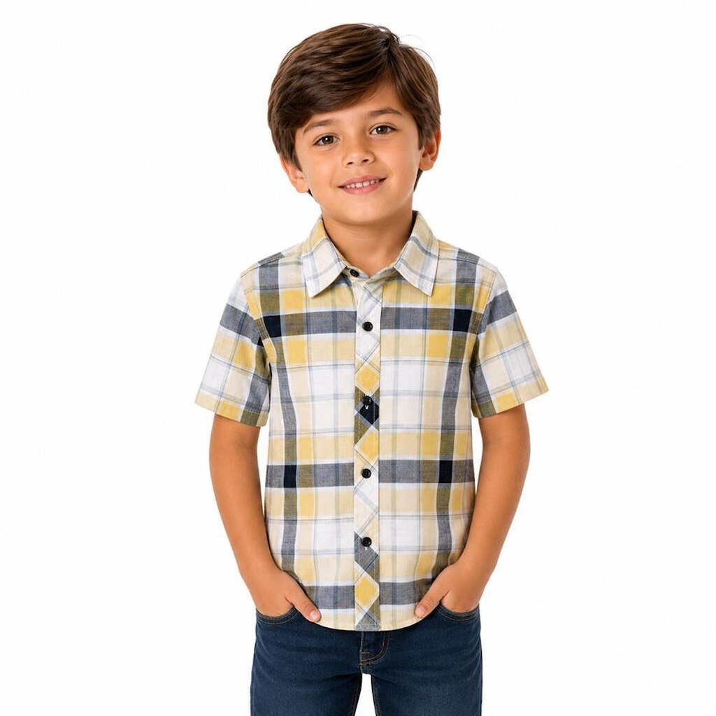 Camisa Juvenil Look Jeans Manga Curta Xadrez Azul