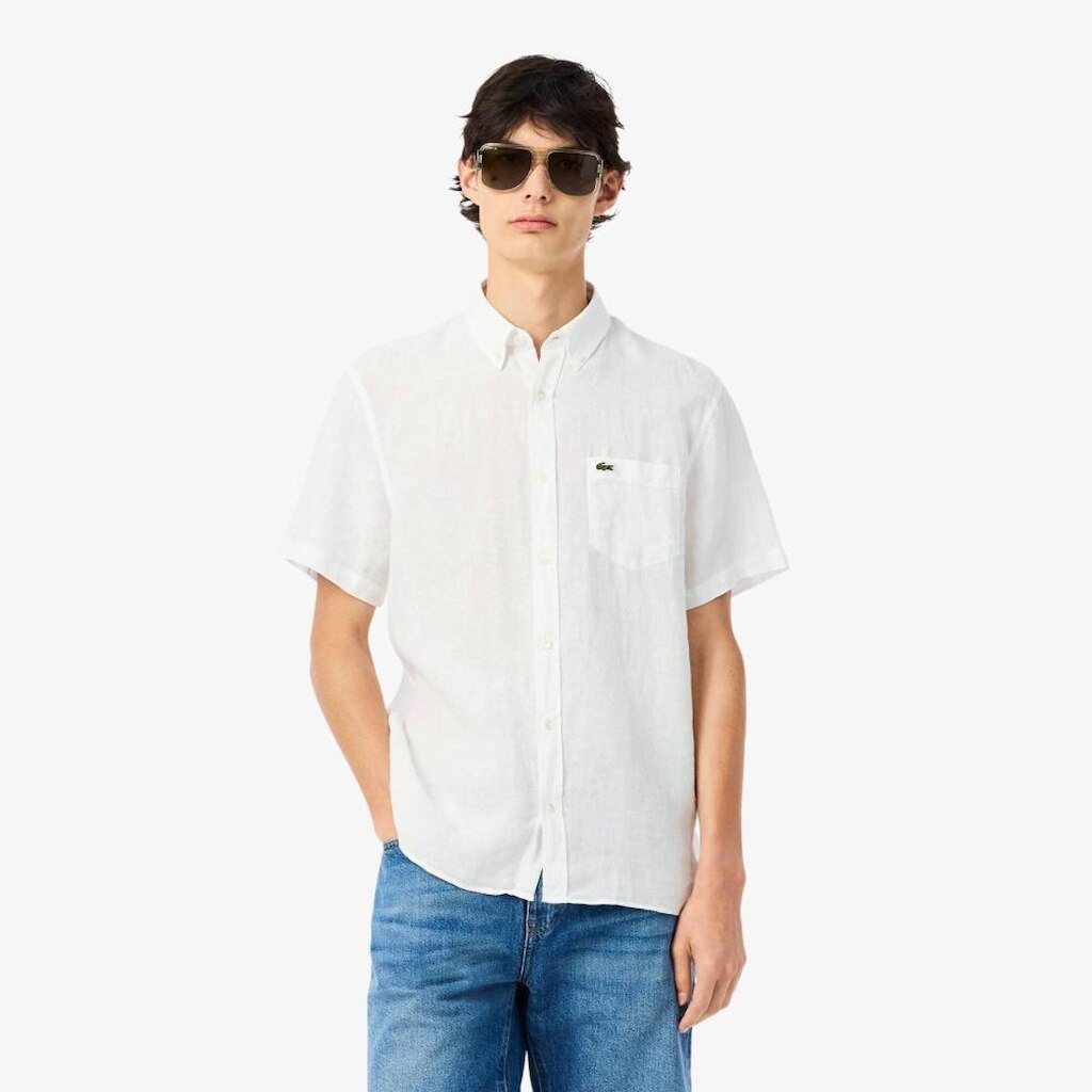 Camisa Lacoste De Manga Curta Em Linho Masculina