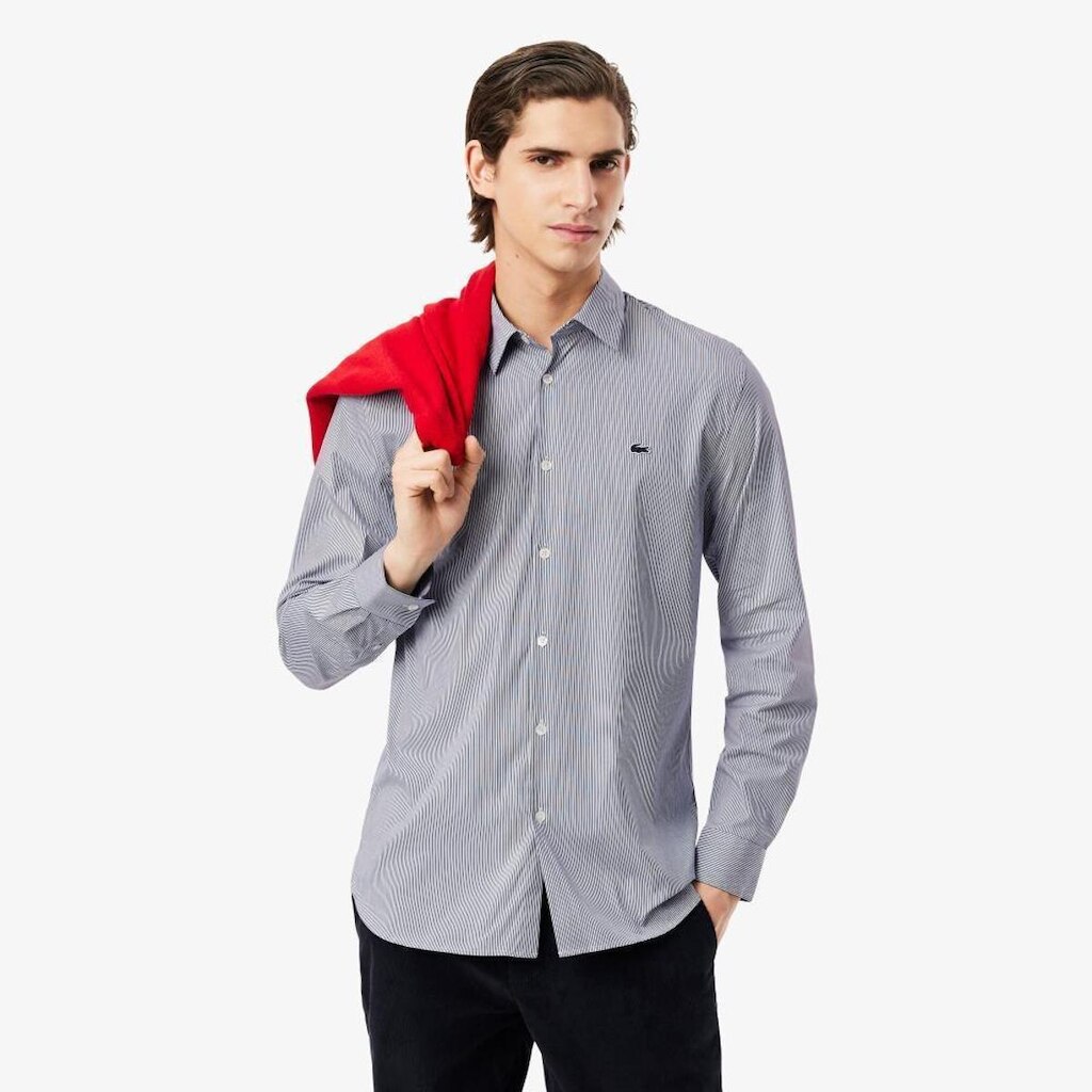 Camisa Lacoste Slim Fit Listrada em Popeline Stretch Masculina