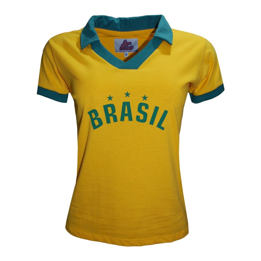 Camisa Polo Do Brasil Feminina Camisa Liga Retrô Brasil Polo Estrelas Feminino - Amarelo | Netshoes
