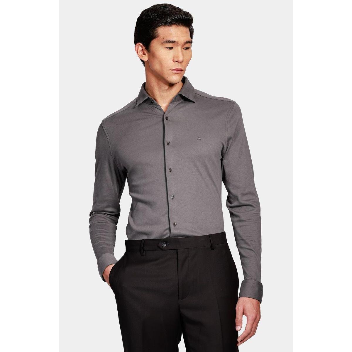 Camisa Manga Longa Cosmo Slim em Malha de Algodão Liso Chumbo Menor preço em Camisa Manga Longa Cosmo Slim em Malha de Algodão Liso Chumbo